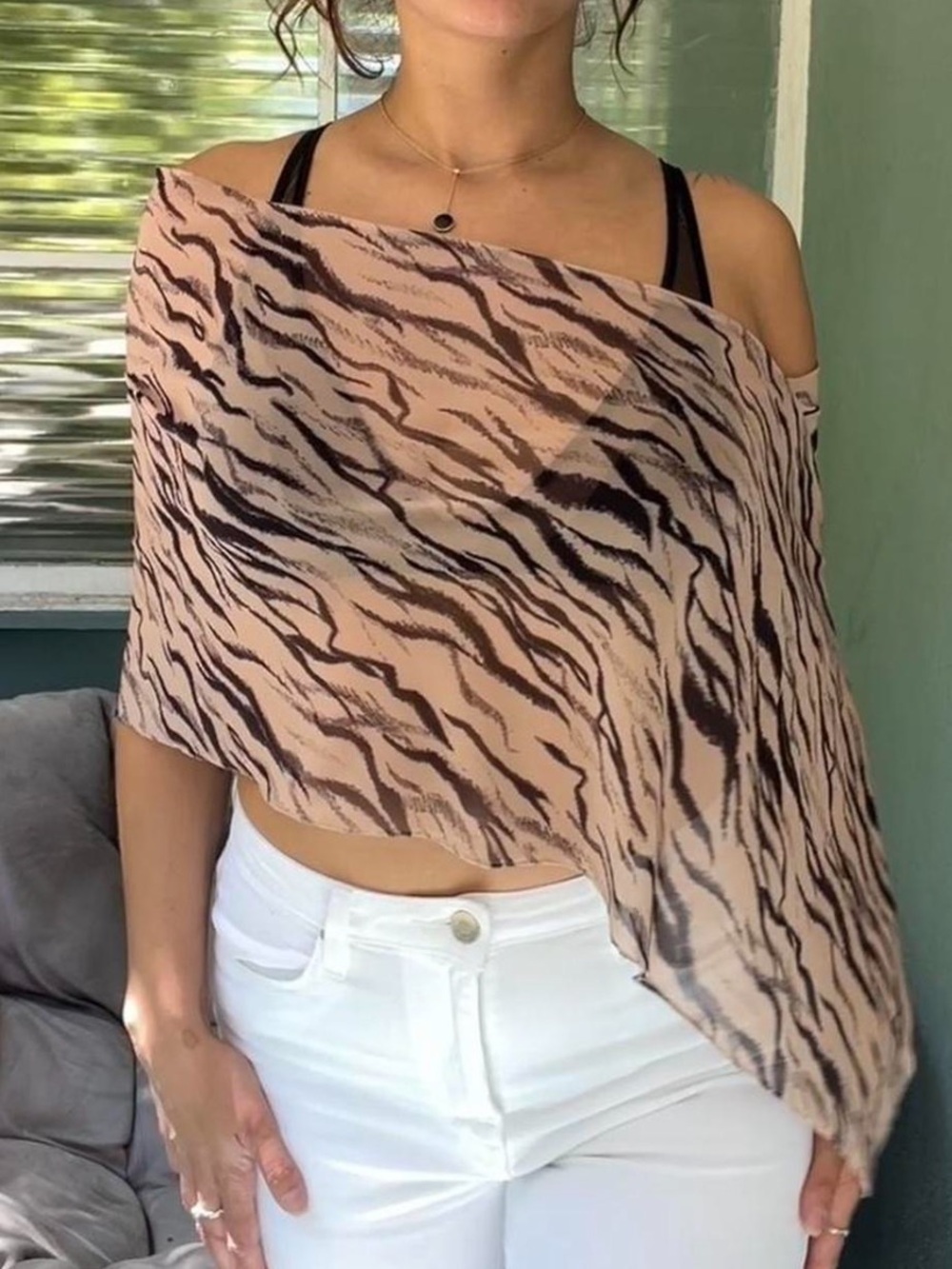 Sheer Tiger-Stripe Asymmetric Scarf Top - Beige & Black